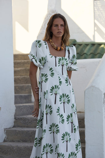 Palm Print Square - Neck Midi Dress