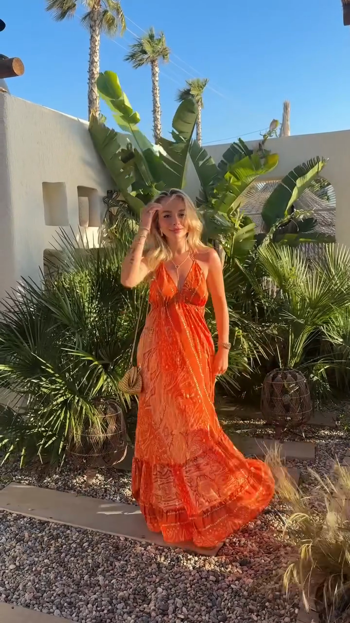Orange Printed Halter Maxi Dress