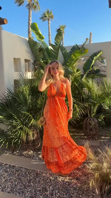 Orange Printed Halter Maxi Dress