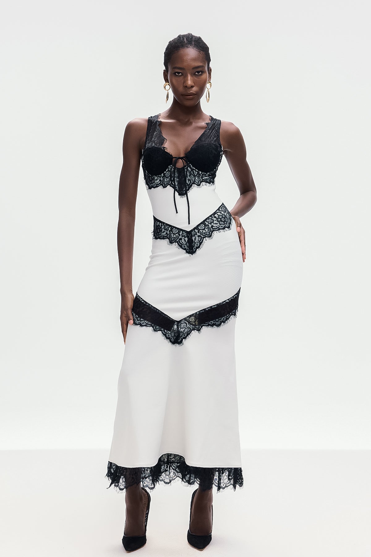 Black and White Lace - Embellished Corset - Style Midi Dress