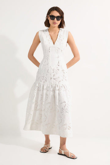 White Sleeveless Lace Midi Dress