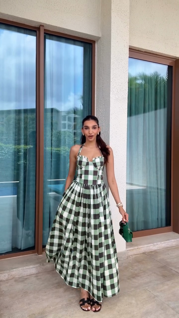 Green and Black Gingham Halter Maxi Dress