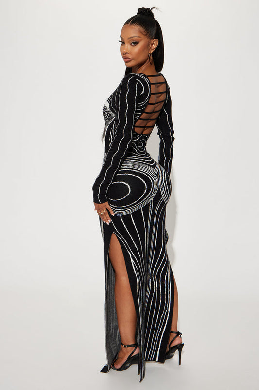 Black and White Optical Illusion Print Maxi Dress
