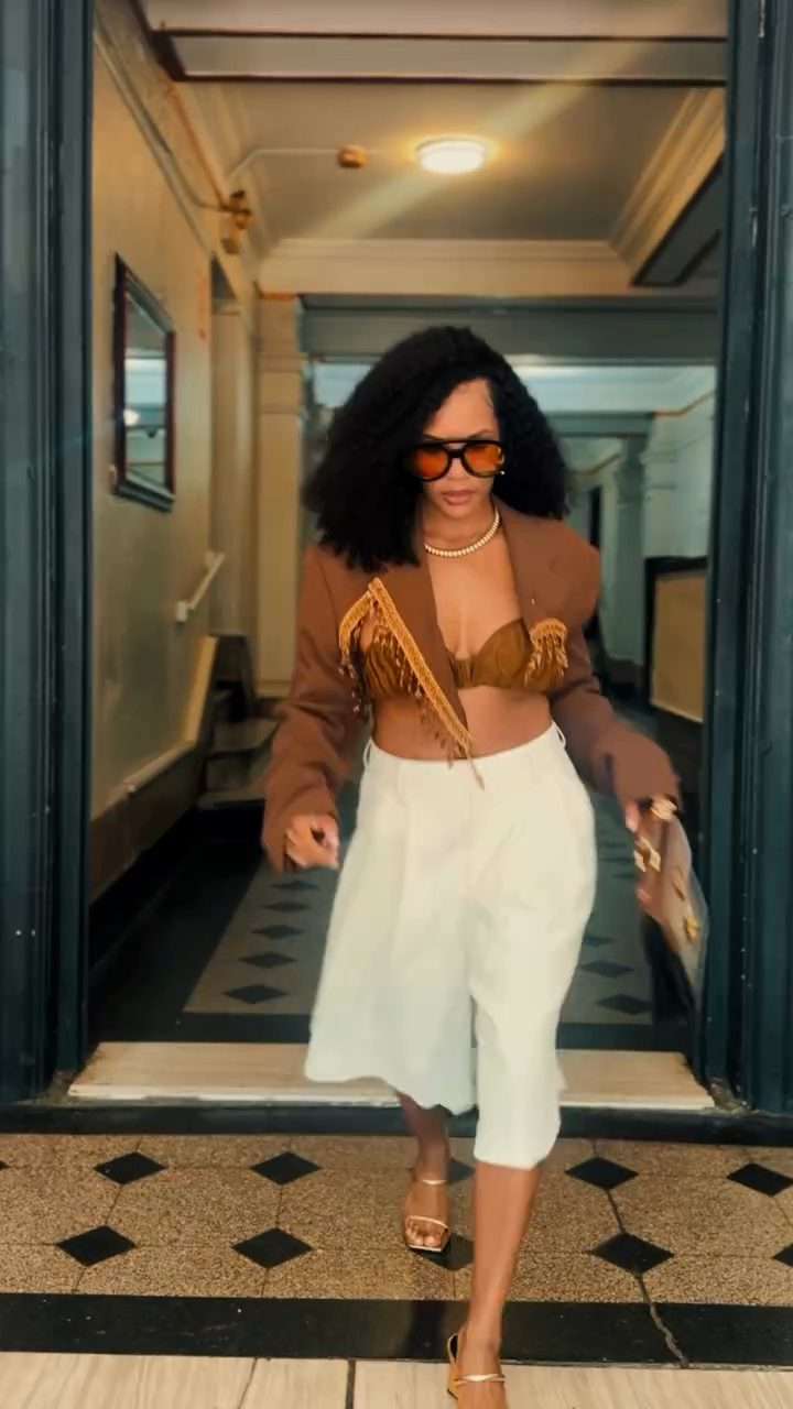 Brown Fringe - Trimmed Cropped Blazer Set