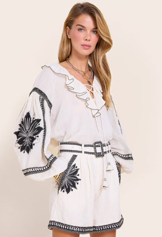 White Embroidered Ruffled Top and Shorts Set