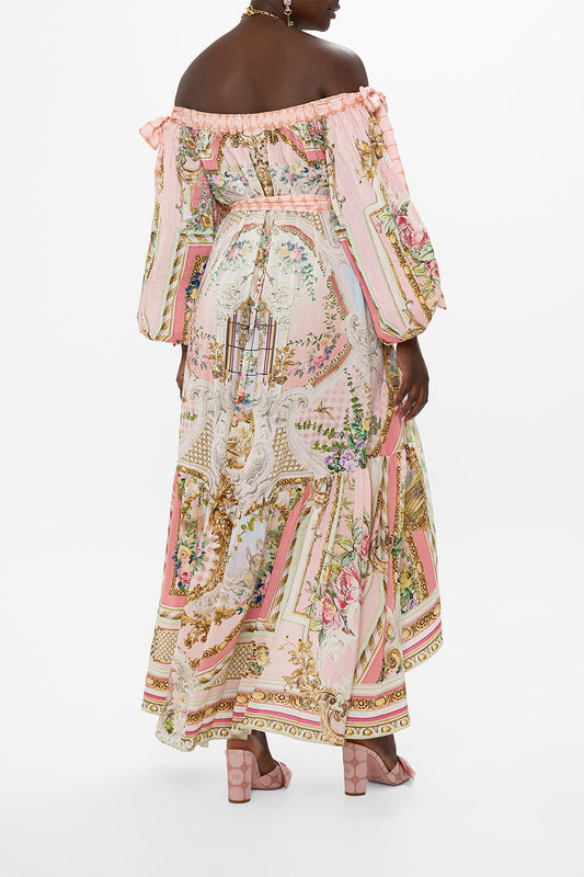 Pink Off - Shoulder High - Low Maxi Dress with Ornate Print