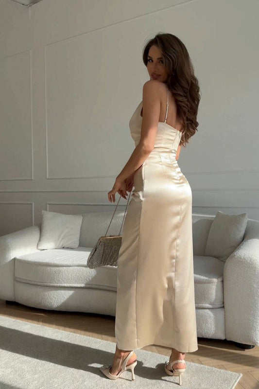 Champagne Satin One - Shoulder Maxi Dress