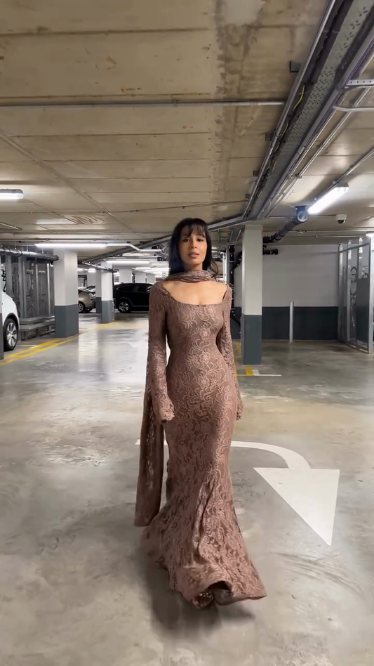 Brown Lace Long - Sleeve Maxi Dress