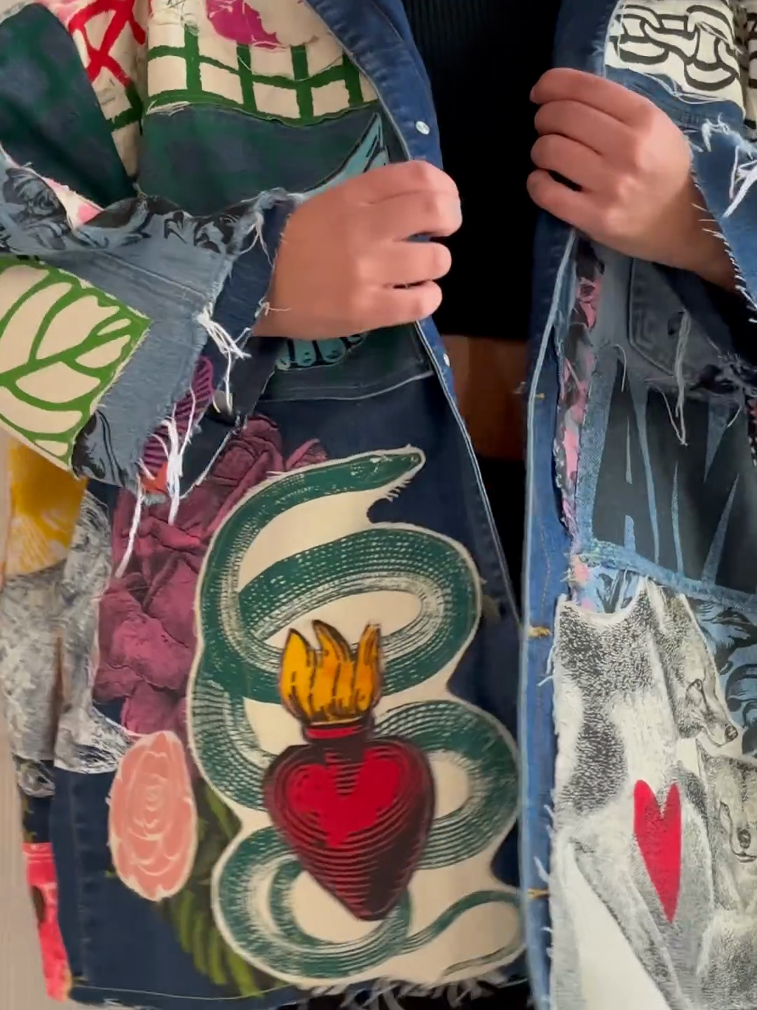 Graphic print patchwork denim jacket