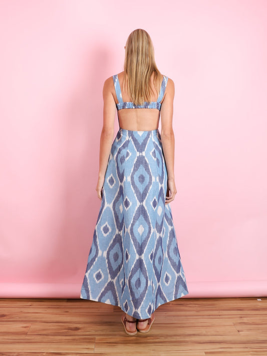 Blue Ikat Print Square - Neck Maxi Dress
