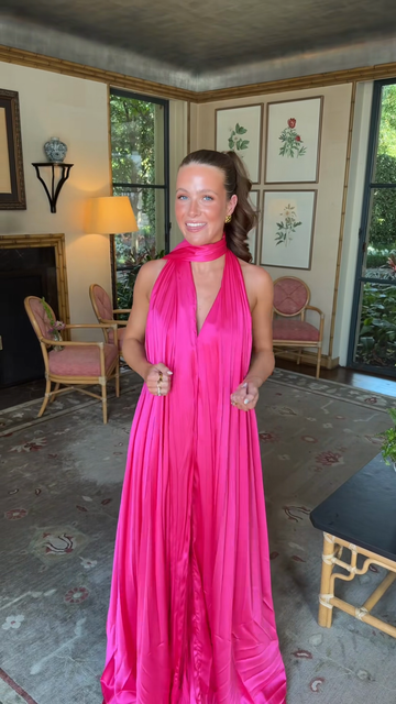 Hot Pink Halter - Neck Pleated Maxi Dress