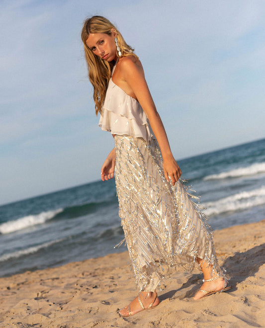 White Ruffled Halter Top & Sequin Midi Skirt Set
