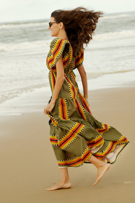 Olive Green Striped Off - Shoulder Maxi Dress
