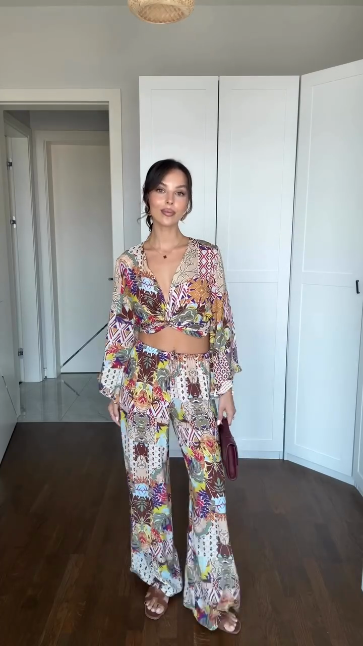 Floral Print Cropped Wrap Top and Wide - Leg Pants Set