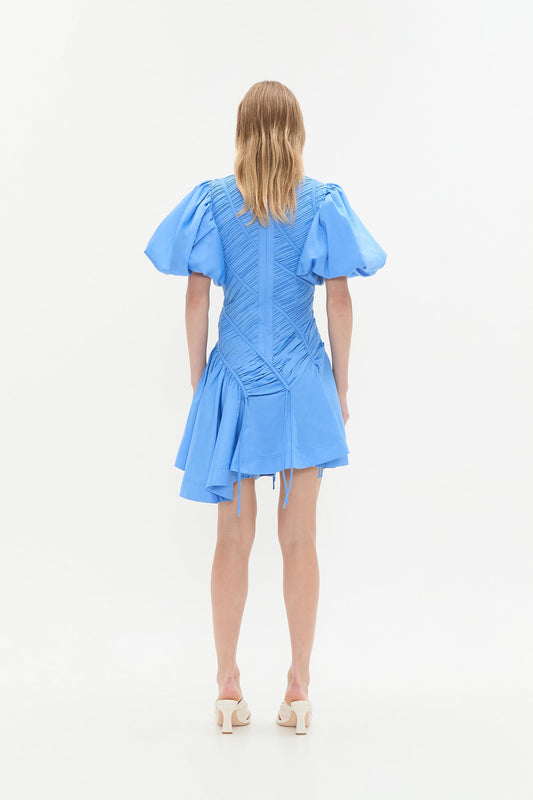 Baby Blue Puff - Sleeve Ruched Mini Dress