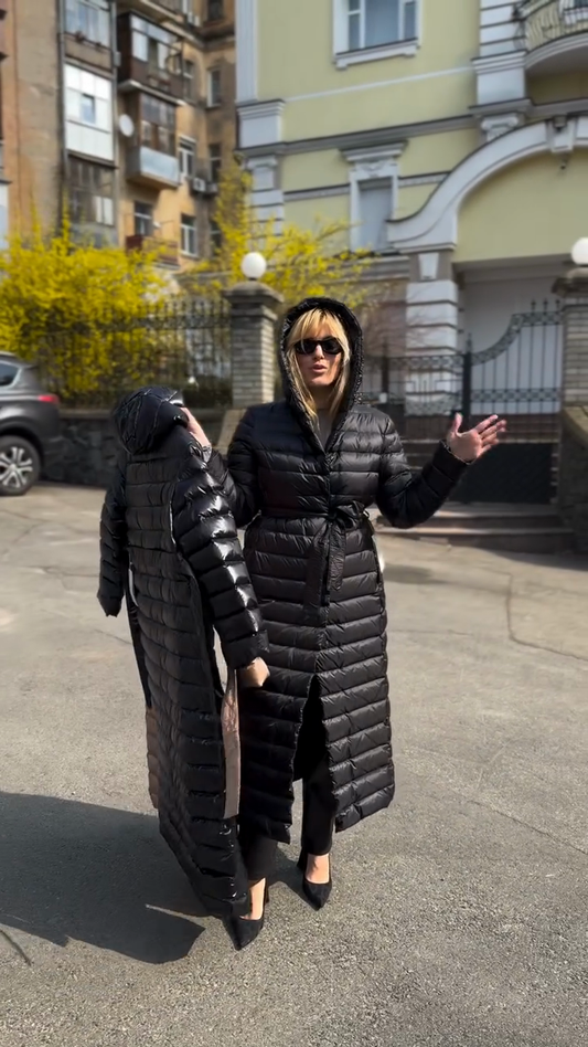 Hooded Long - Length Puffer Coat with Belt