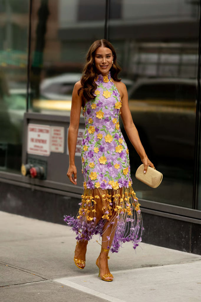 Purple Floral Embroidered Fringe Dress
