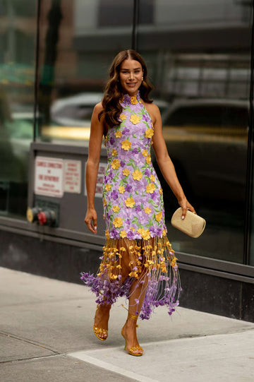 Purple Floral Embroidered Fringe Dress