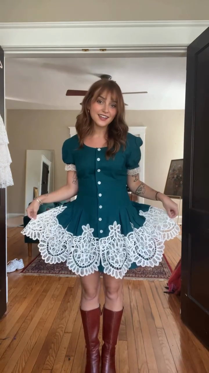 Lace - Trimmed Puff - Sleeve Mini Dress