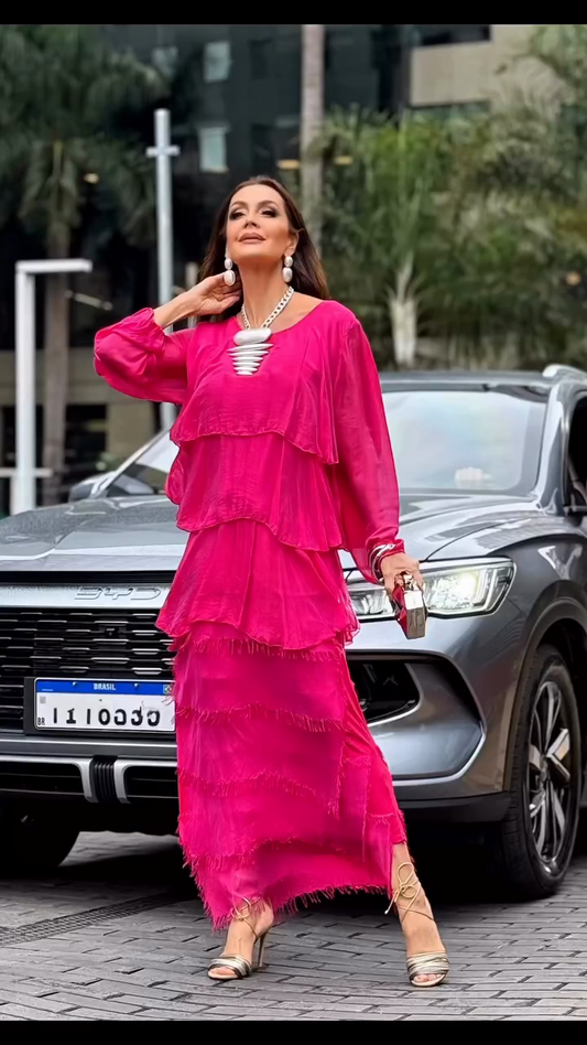 Fuchsia Tiered Chiffon Maxi Dress