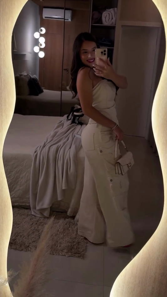 Cream Strapless Top and Cargo Pants Set