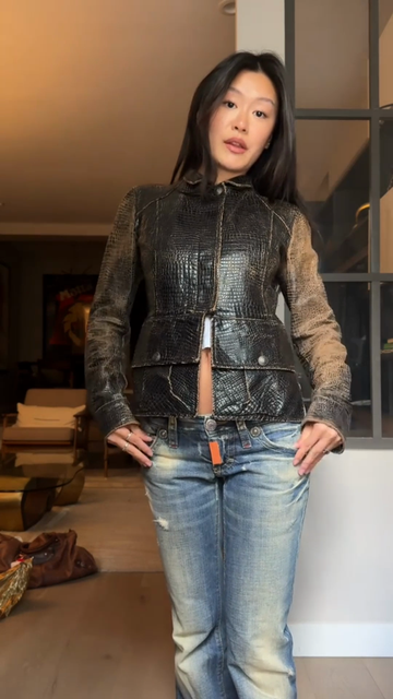 Black Crocodile Embossed Leather Jacket