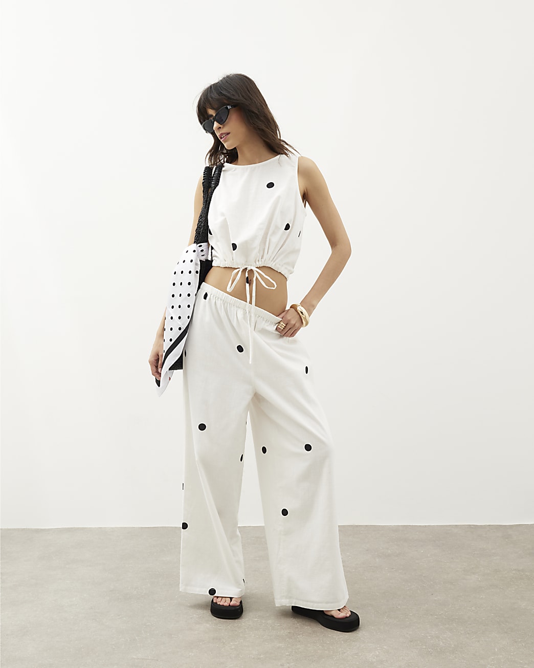White Polka Dot Crop Top & Wide - Leg Pants Set