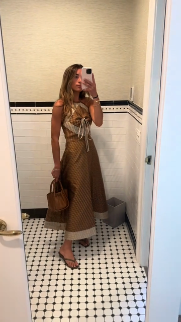 Brown Polka Dot Halter Maxi Dress with Tie Detail