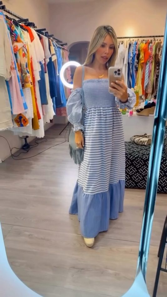 Blue and White Striped Off - the - Shoulder Maxi Dress