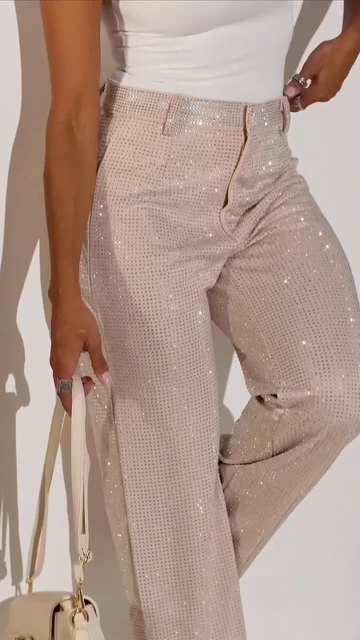 Beige Rhinestone - Embellished Wide - Leg Pants