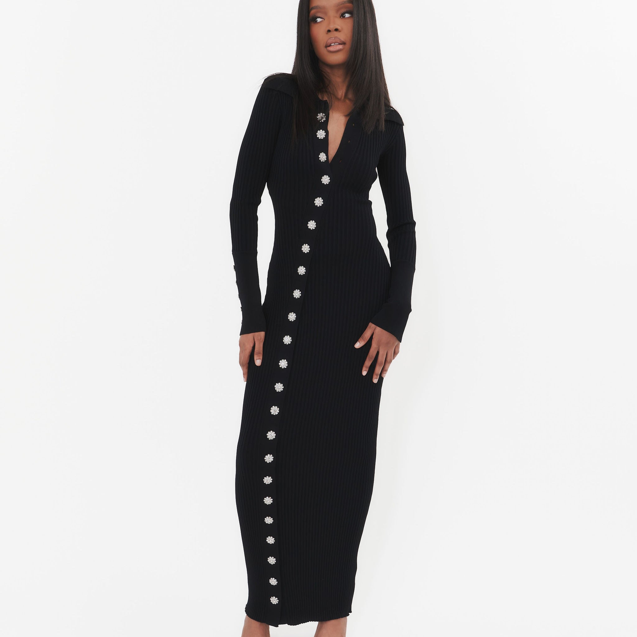Black Ribbed Maxi Dress with Crystal Buttons