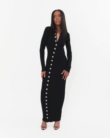 Black Ribbed Maxi Dress with Crystal Buttons