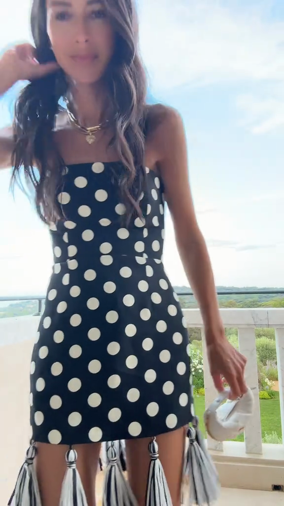 Black and White Polka Dot Strapless Mini Dress with Tassels