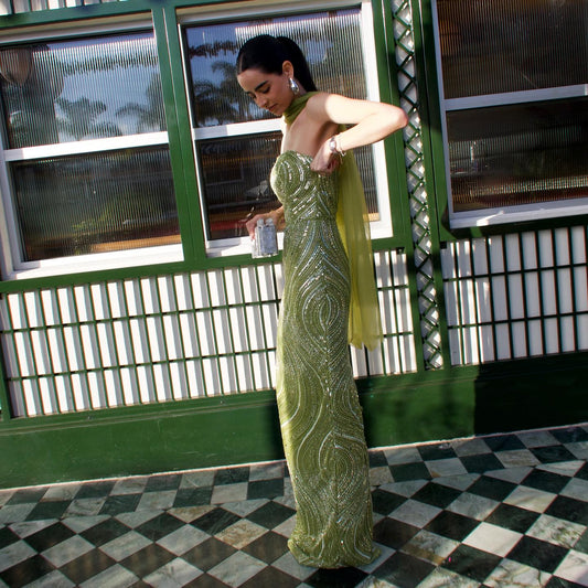 Green Strapless Sequined Gown