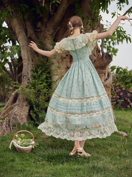 Light Blue Floral Print Lace - Trimmed Maxi Dress