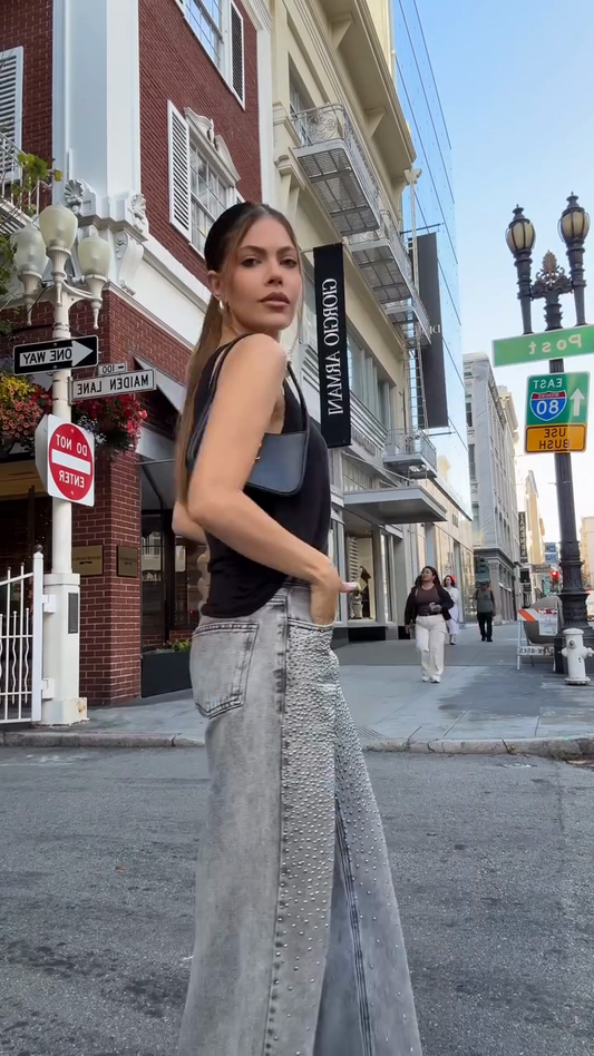 Black Vest And Wide-Leg Jeans With Rhinestones Set