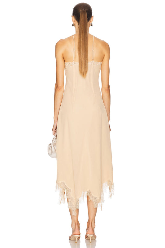 Beige Halter Midi Dress with Lace Trim