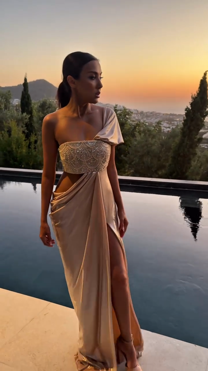Beige One - Shoulder Embellished Gown