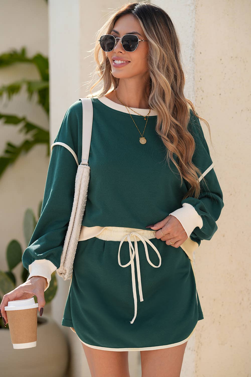 Colorblock Long Sleeve Top and Mini Skirt Set