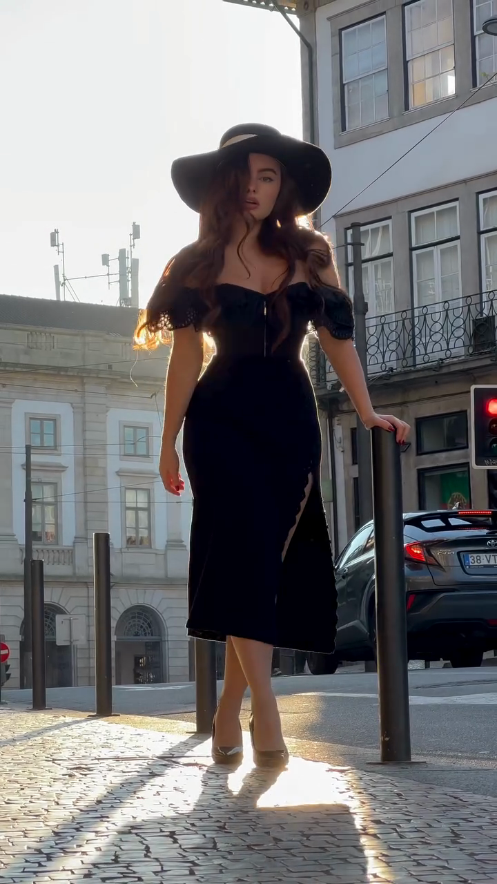 Black Off-the-Shoulder Slit Midi Dress