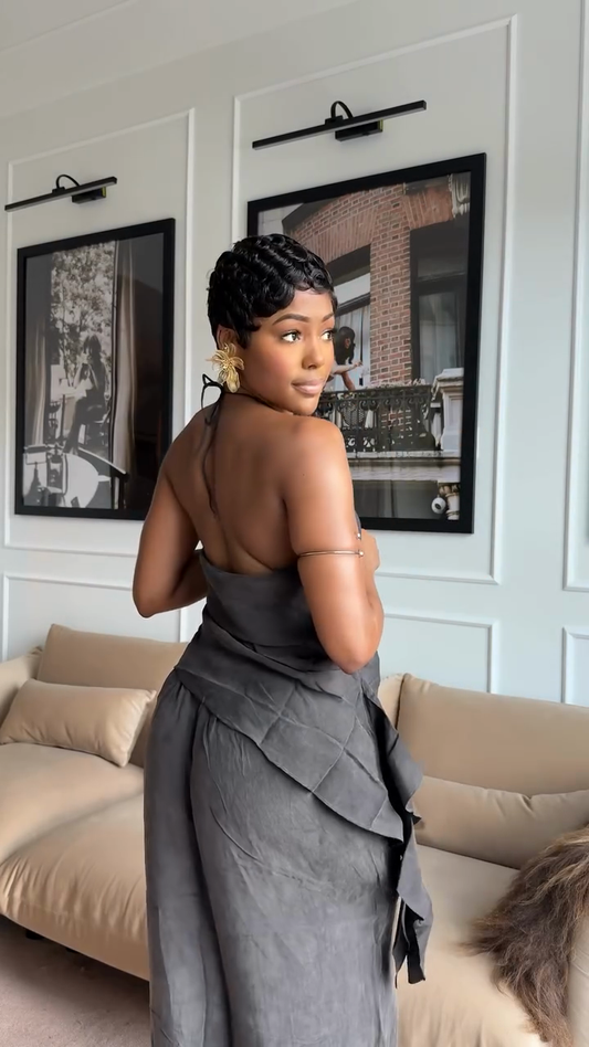 Grey Open - Back Asymmetric Top and Pants Set