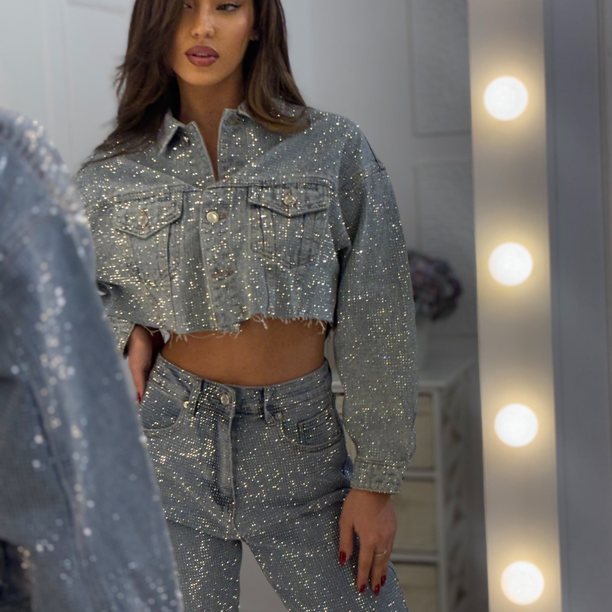 Silver Sequin Denim Crop Jacket & Pants Set