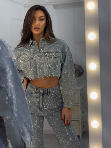 Silver Sequin Denim Crop Jacket & Pants Set