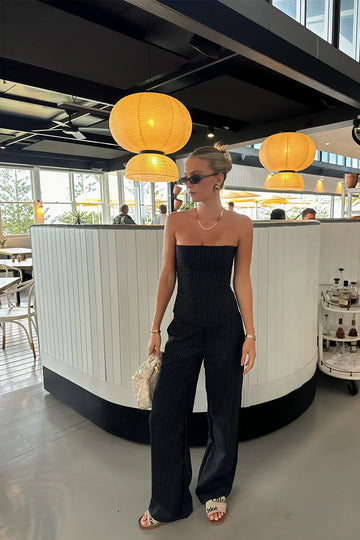 Black Striped Strapless Jumpsuit Outfit