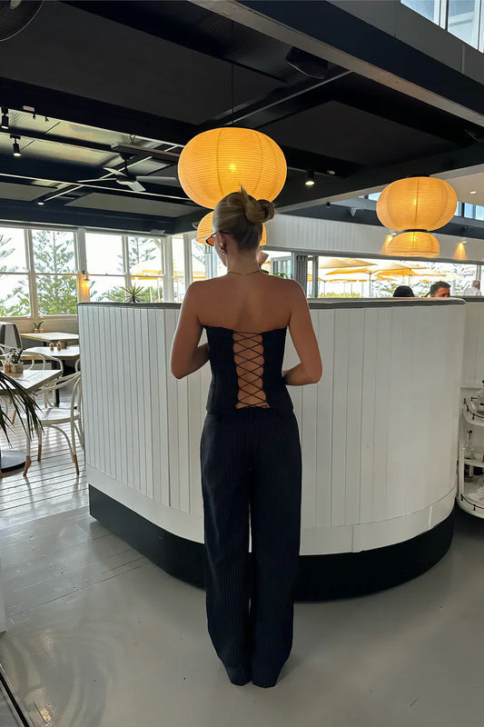 Black Striped Strapless Jumpsuit Outfit