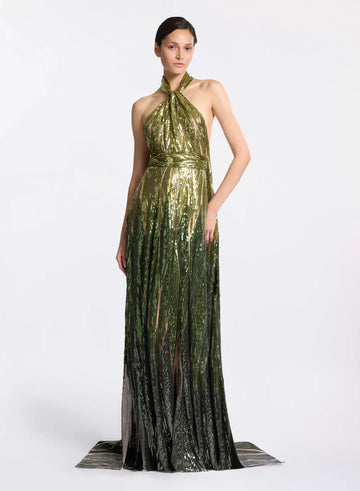 Ombre Sequin Halter Maxi Dress