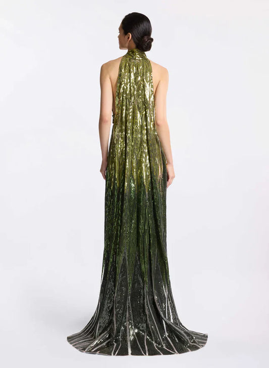 Ombre Sequin Halter Maxi Dress
