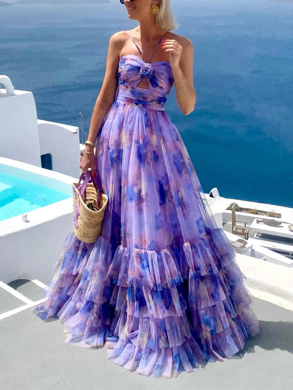 Lavender Chiffon Tiered Maxi Dress with Backless Design