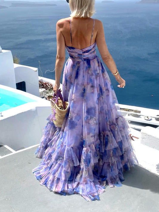 Lavender Chiffon Tiered Maxi Dress with Backless Design