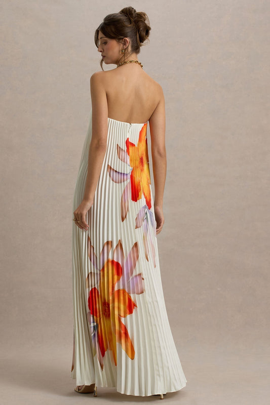 Floral Print Strapless Pleated Maxi Dress